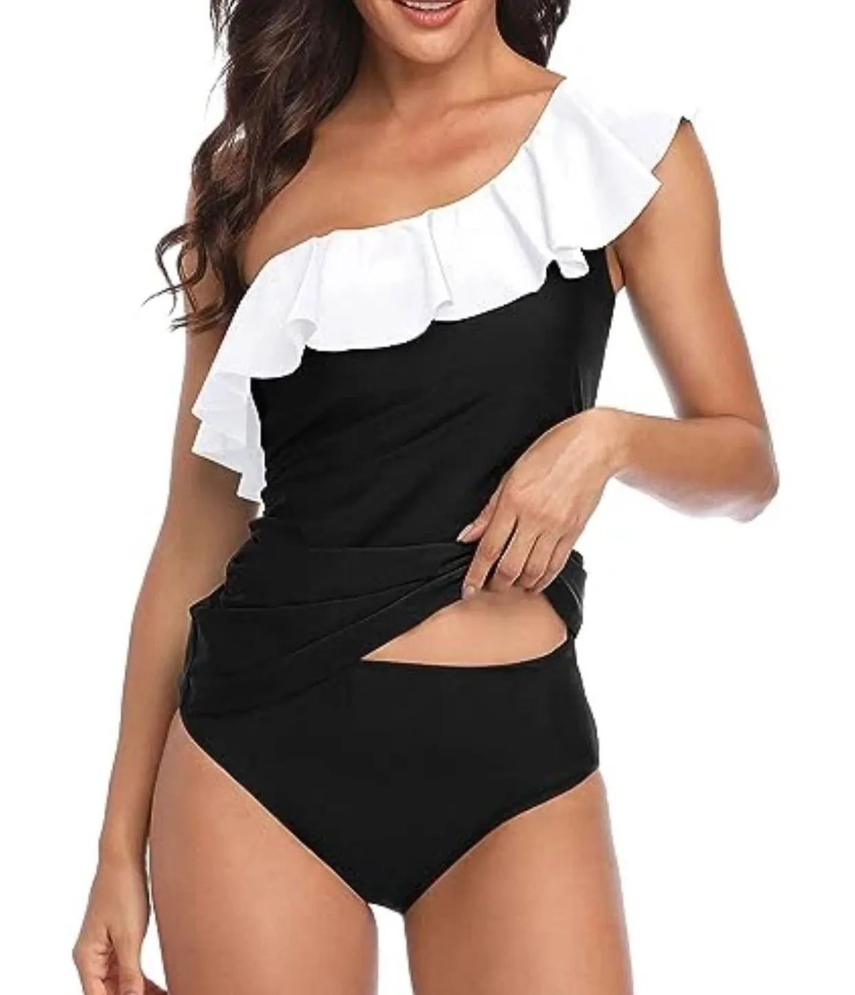 YONIQUE One Shoulder Swimsuit Ruffle Tankini High Waist Women Size Medium New Black - Image 1