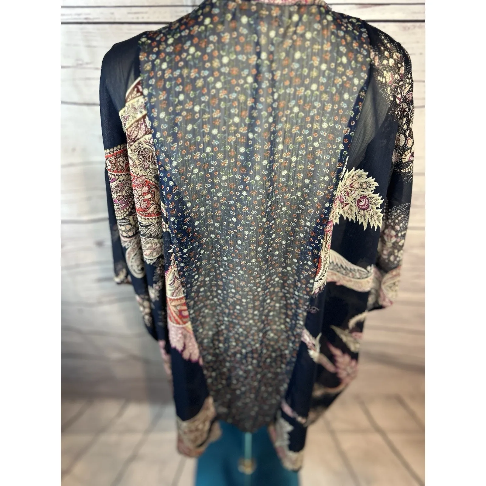 Mixed Floral Paisley Print Kimono Pink Blue Green Size 0/1Boho Lightweight Layer - Image 4