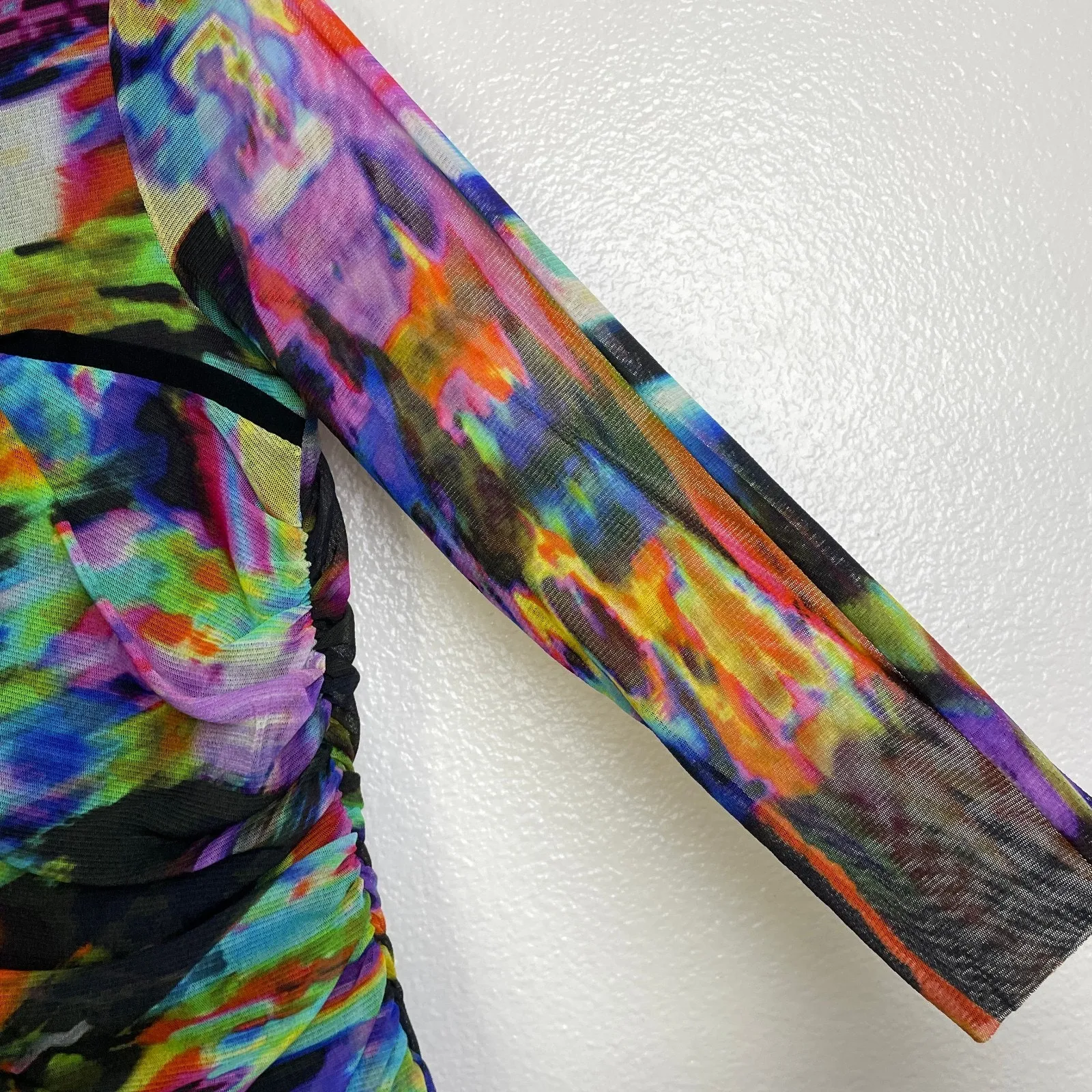 Elaua Kattau Dress Womens Medium Multicolor Mesh Sheer Artsy Colorful Peek A Boo Black - Image 5