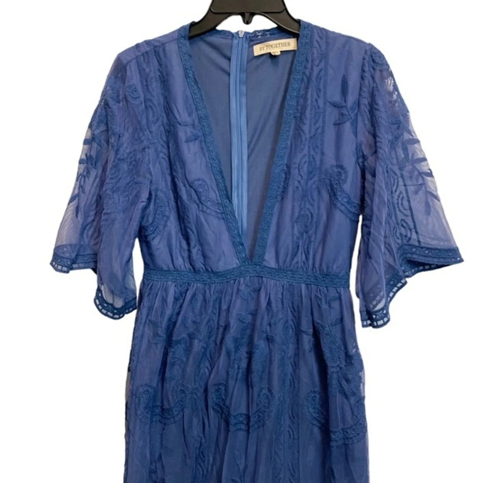 Women's By Together Med Deep V Neck Bohemian Sheer Embroidered Bell Sleeve Dress - Image 2