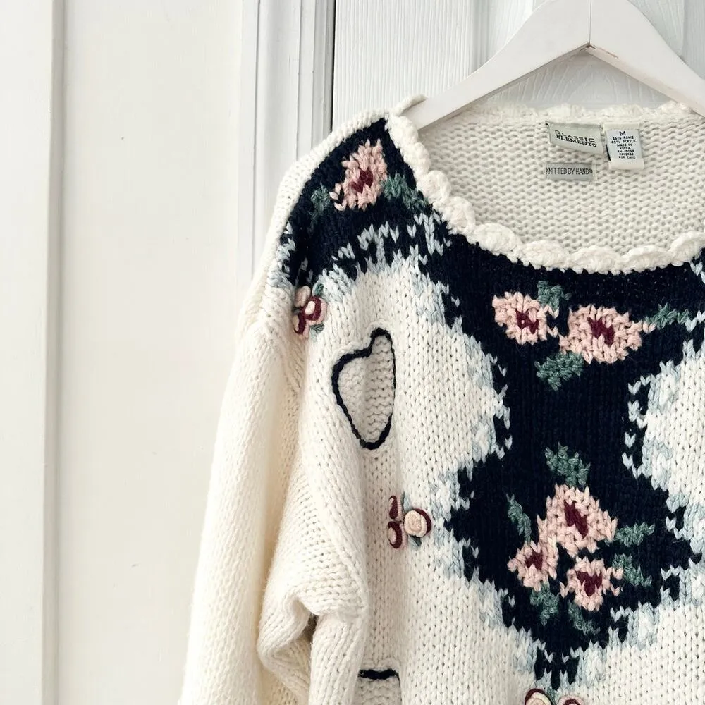Classic Elements Vintage Hand Knit Floral Cottagecore Girly Oversized Sweater M - Image 2
