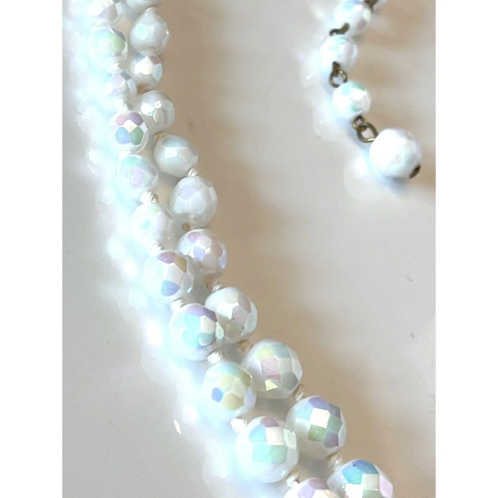 Faceted Glass Bead Necklace Two Strand White Graduated Aurora Borealis 18" Vtg - Image 2