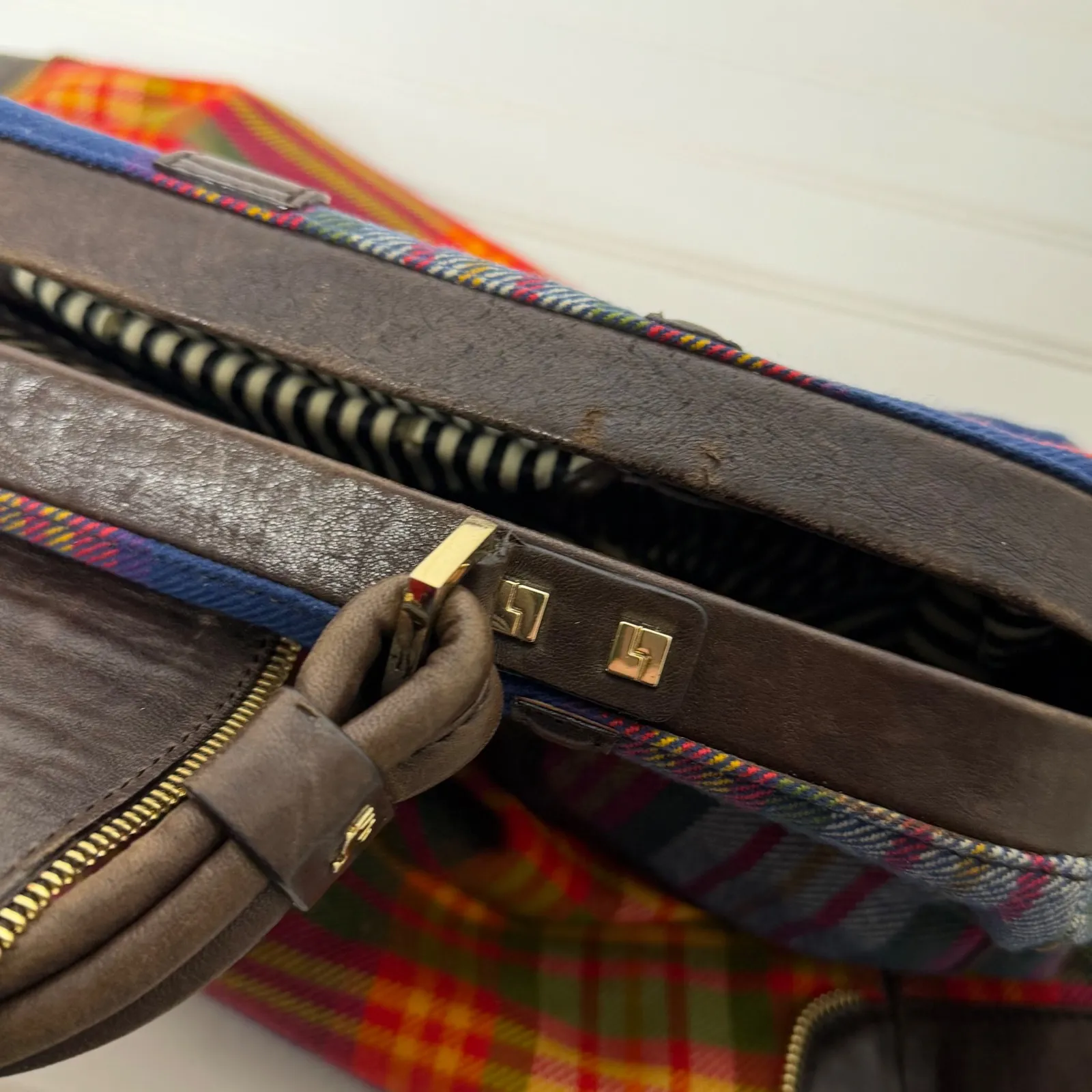 L.A.M.B. Plaid Satchel Doctor Bag Leather Trim Crossbody Strap Gold - Image 12