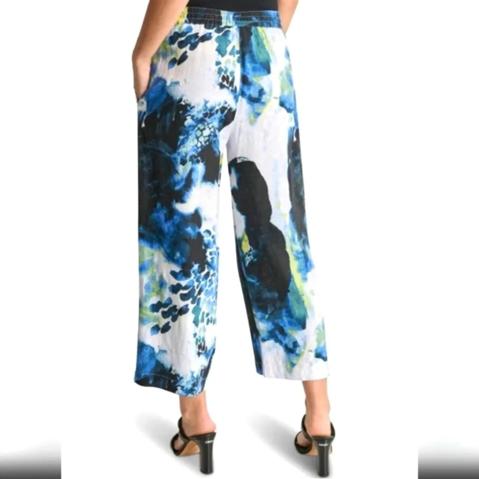 🆕 DKNY Linen Pants Plus 1X Blue Black Print Cropped Wide Leg Pants NEW NWT - Image 8