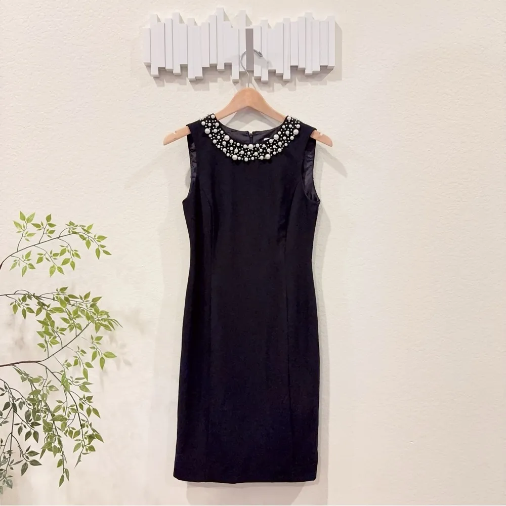 Calvin Klein Elegant Black Sleeveless Dress with Pearl Embellished Neckline SZ 2 - Image 2