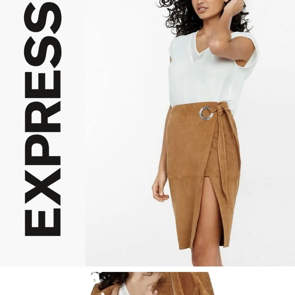 EXPRESS | Camel Faux Suede High Waisted Pencil Wrap Tie Side Grommet Ring Skirt - Image 8