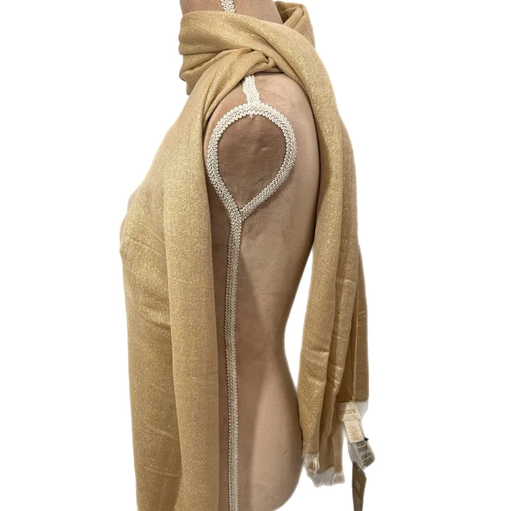CHICOS Myra Scarf Gold Fringe Wrap Unique Yarn Fine Open Stitch Design New - Image 4