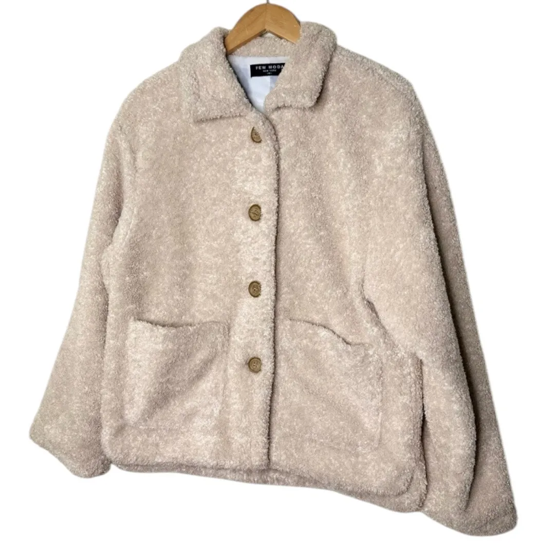 FEW MODA New York Teddy Jacket Medium beige Fuzzy coat large buttons collared - Image 3