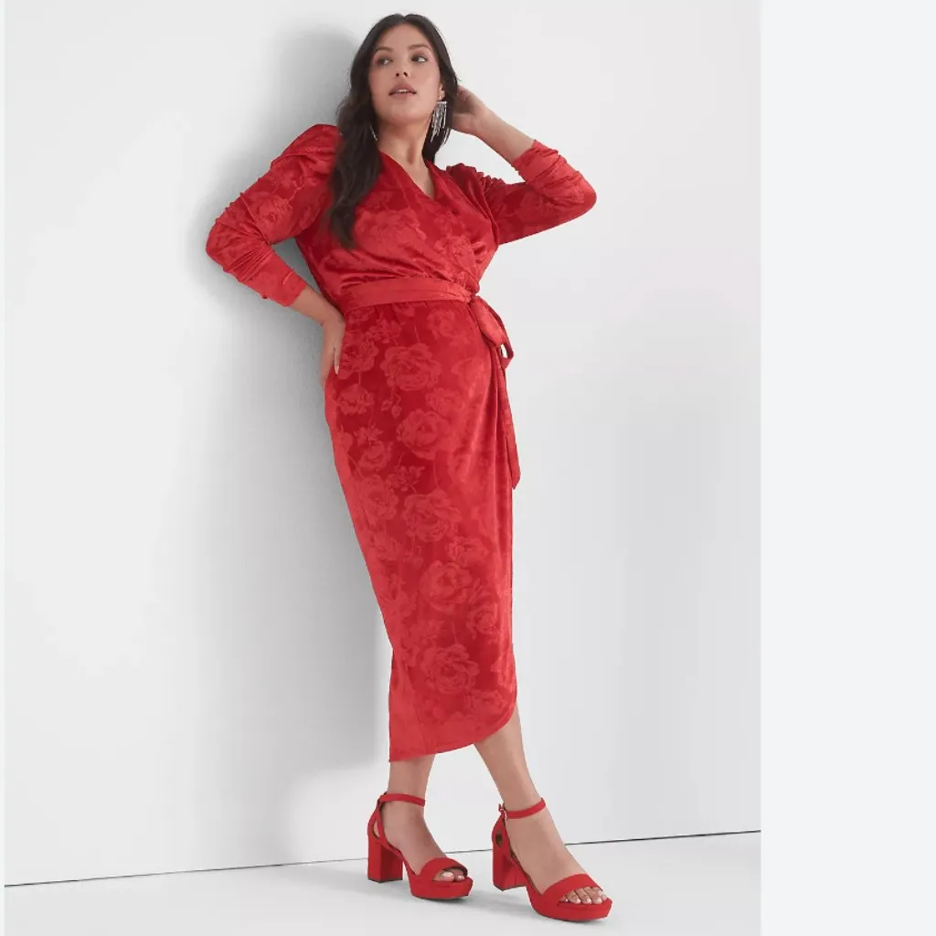 NWOT LANE BRYANT Puff-Sleeve Embossed Velvet Midi Dress - Image 3