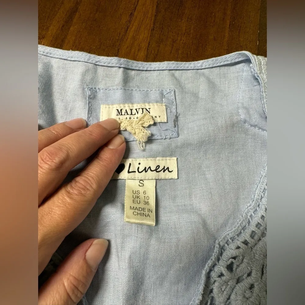 MALVIN I Love Linen Crochet Trim Tunic Mini Dress Top 3/4 Sleeve Coastal Sm 6 Blue - Image 9