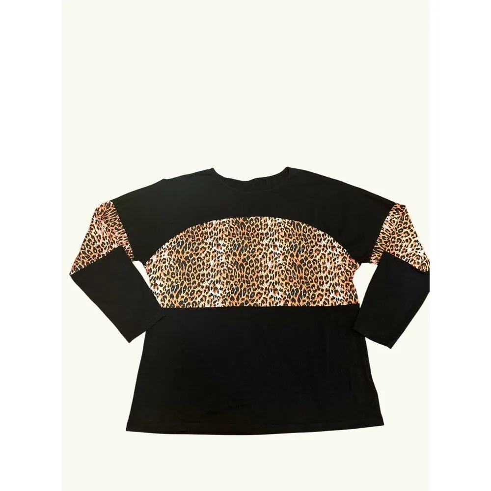 Color Block Pullover Blouse Leopard Print Tunic Raglan Long Sleeve Casual Loose Black Size undefined - Image 7