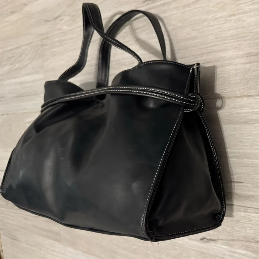 Black Top Handle Bag with White Stitching - Image 5