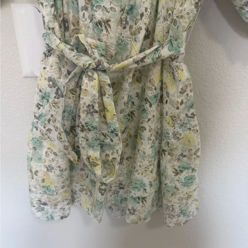 MINKPINK Irwin White Eyelet Mint Green Yellow Floral Mini Dress XS Puff Sleeves - Image 7
