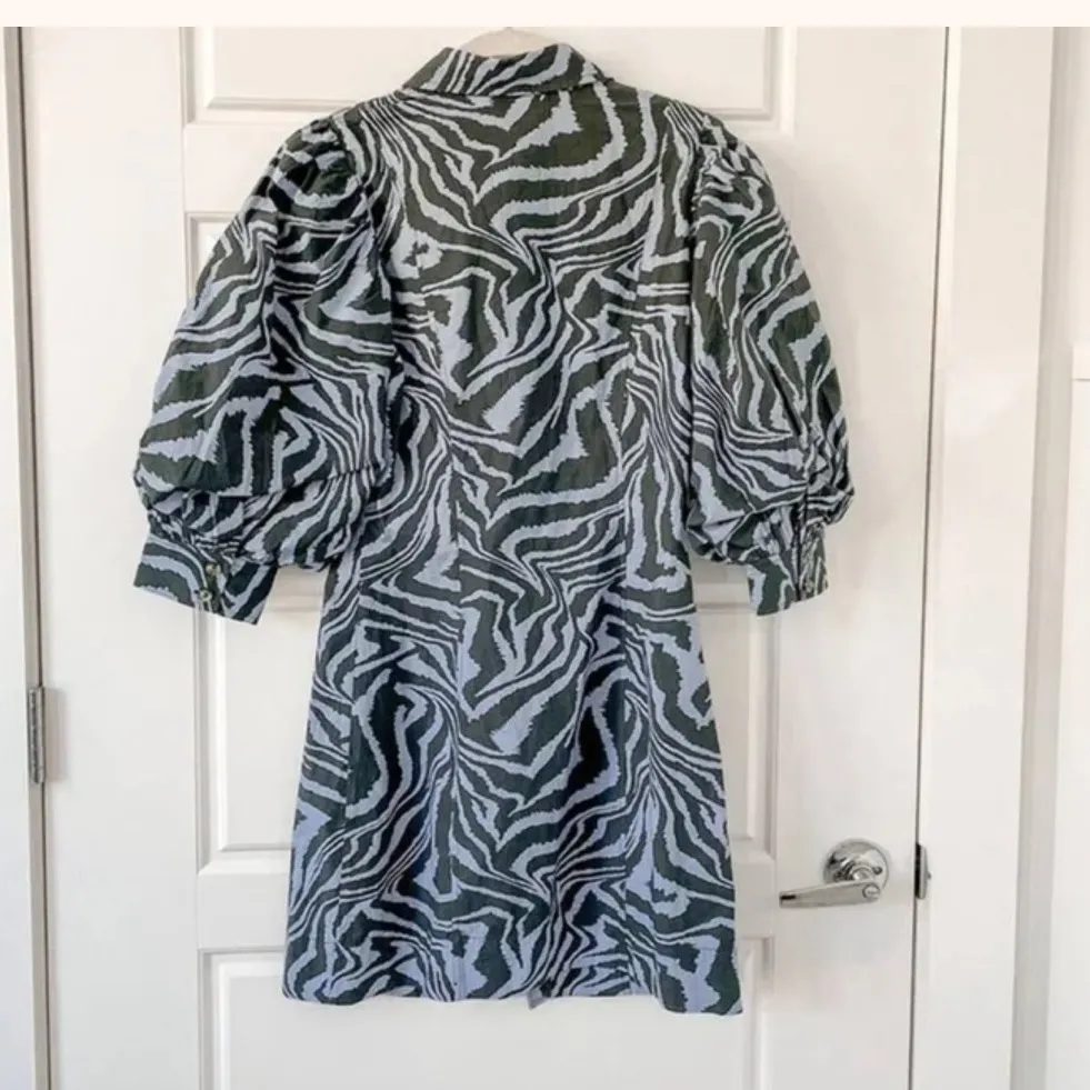 Ganni Blue Black Zebra Animal Print Puff Sleeve Mini Dress Size Small - Image 12