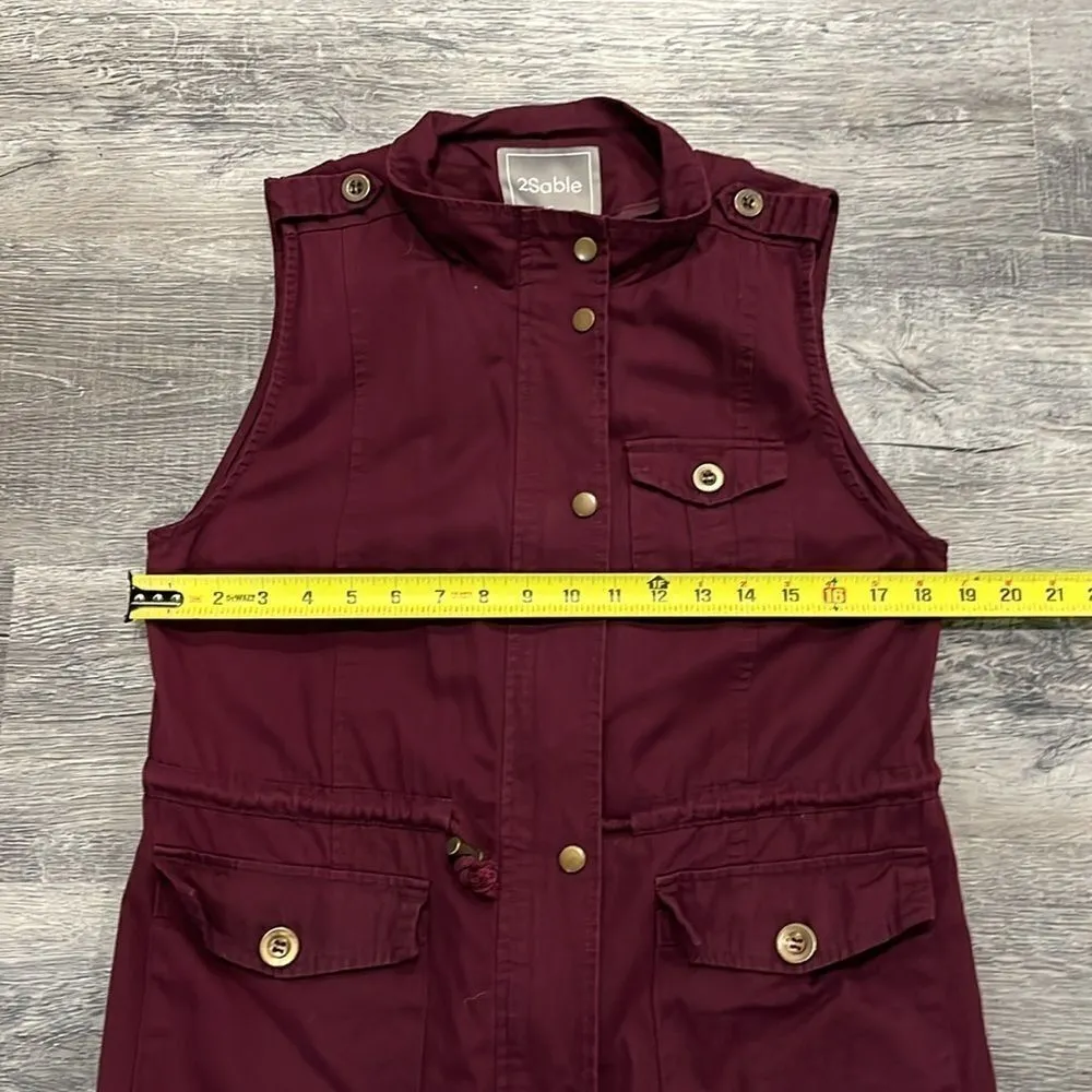2Sable NWOT 100% cotton maroon burgundy utility vest snaps buttons zippers - Image 10