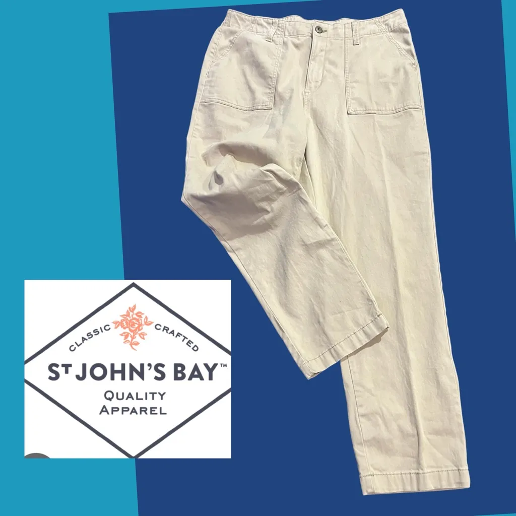 St Johns Bay Pants Womens 12 Beige Khaki Chino Straight Cuffed High-Rise Spandex - Image 2