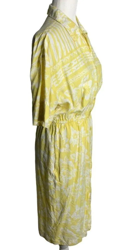 Vintage 80s Button Up Shirt Dress M Yellow Floral Short Sleeve Elastic Pockets Size M - Image 5