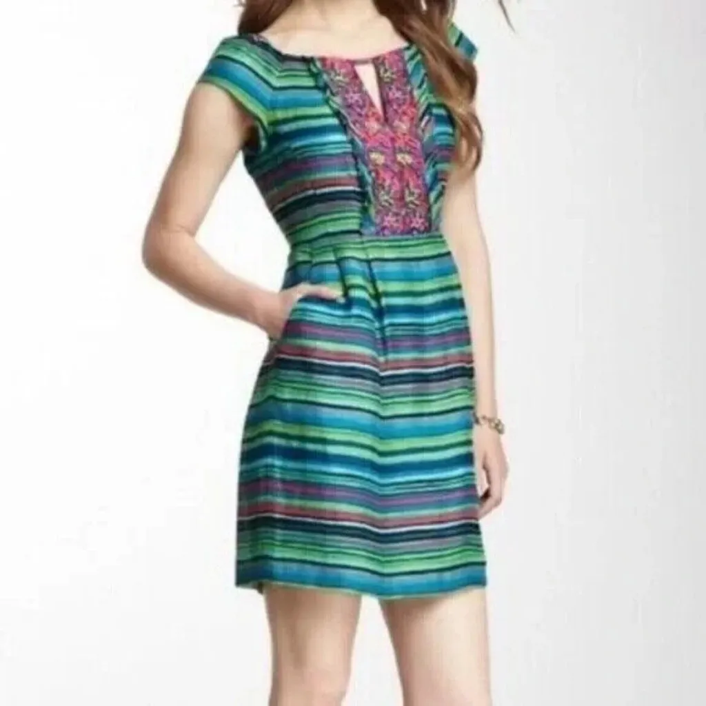 Nanette Lepore Dress 8 Blue Green Silk Linen Stripe Beaded Ruffle Mamacita Frock - Image 2