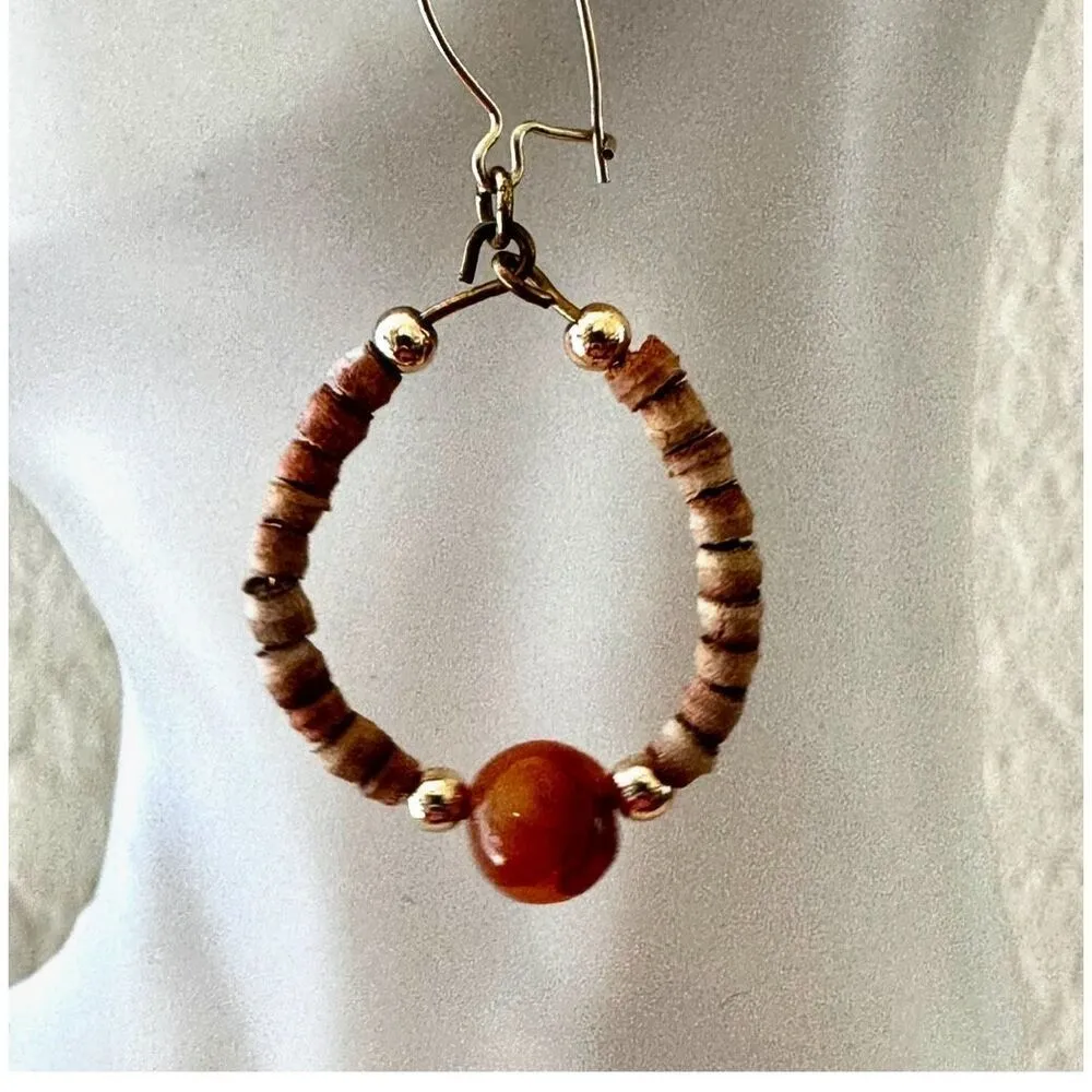 Carnelian and wood beaded drop earrings Orange - Image 5