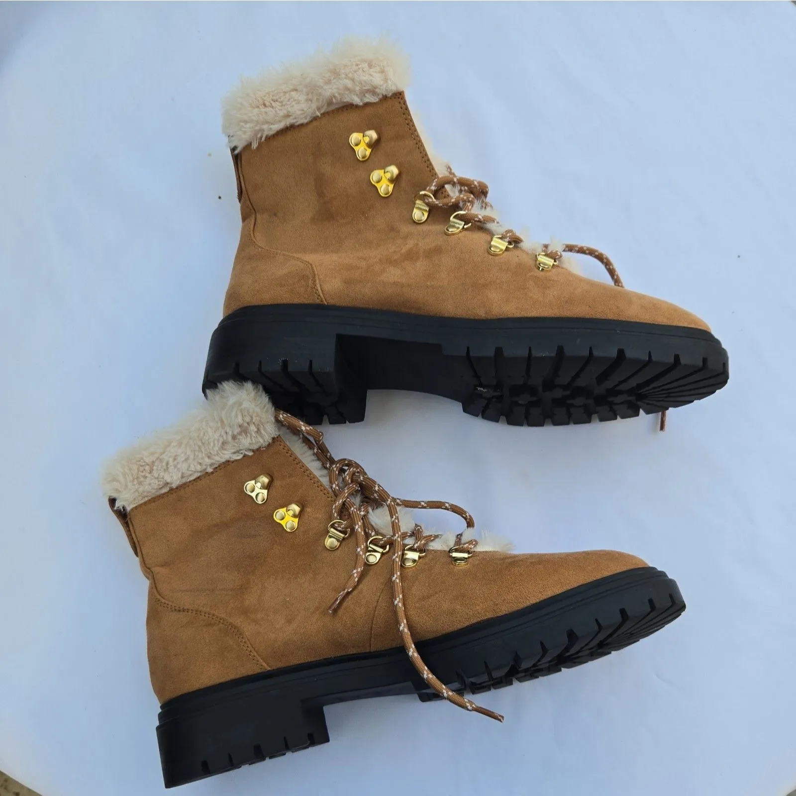 J Crew Winter Hiking Boots Faux Fur Combat Lace Up Brown 10.5 Women’s - Image 5