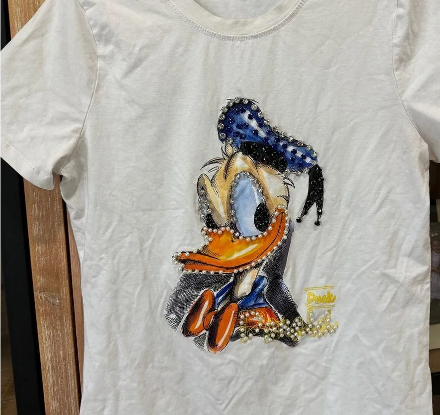 Donald Duck embellished tee short sleeve top pearls rhinestones disney QOS - Image 2