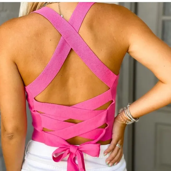 Hot Pink Corset Tank Top with Bow - Image 2