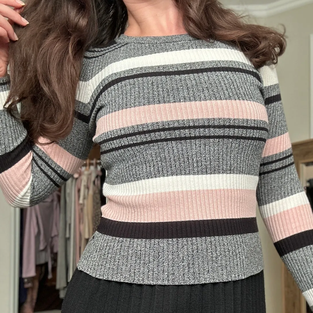 H&M S Striped Pink Black Grey White Ribbed Knit Stretchy Sweater Chic Classic - Image 2