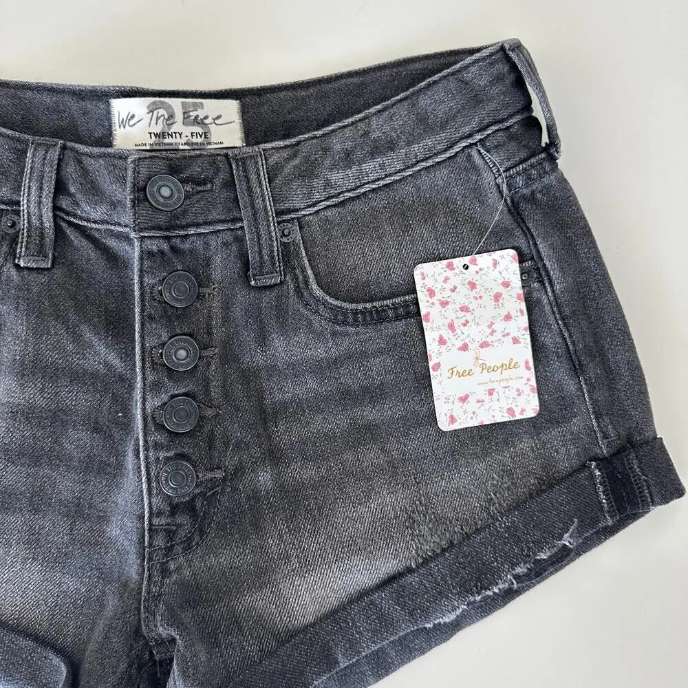 Free People Denim Shorts 25 Black Distressed Mid Rise Rolled Hem Festival Boho - Image 2