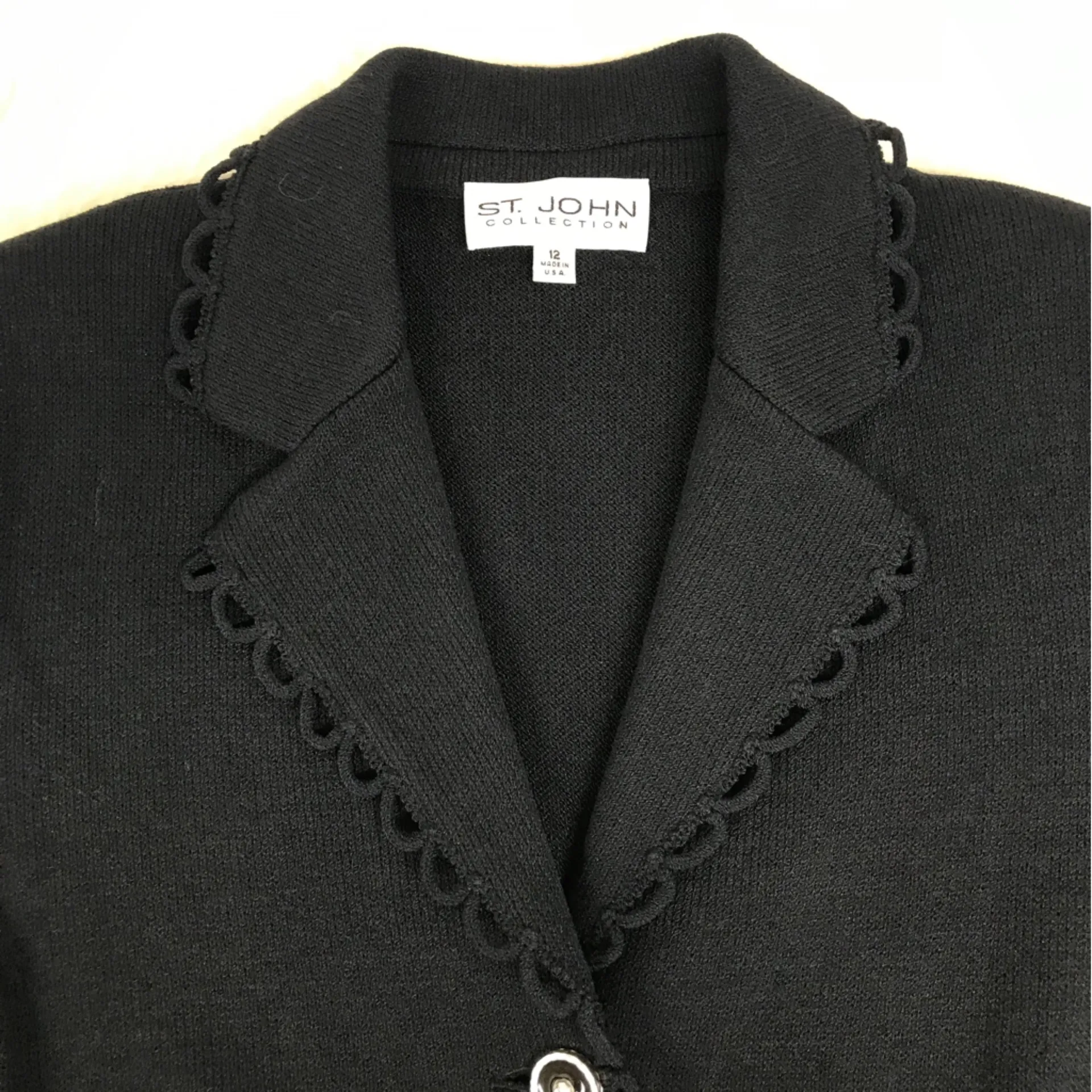 St. John Collection  Black Santana‎ Knit Blazer Jacket Button Front Size 12 - Image 4