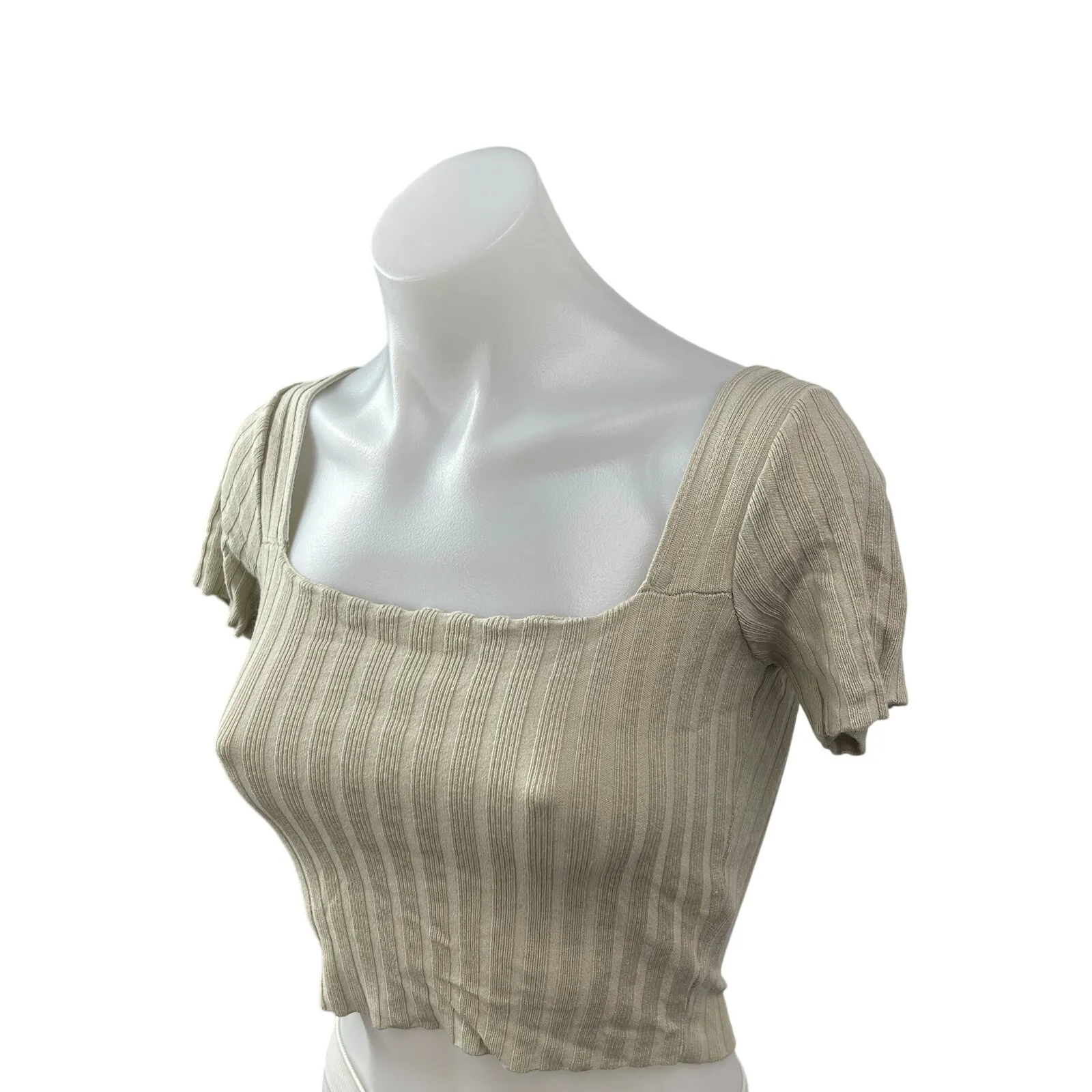 Princess Polly Beige Ribbed Knit Square Neck Short Sleeve Sculpt Crop Top Sz M/L - Image 2