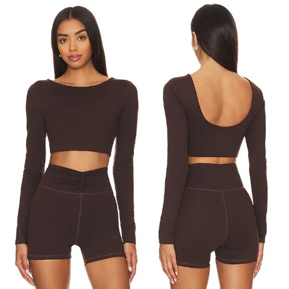 Camila Coelho Sport Haley Cropped Long Sleeve Top Deep Brown Women's Size M - Image 2