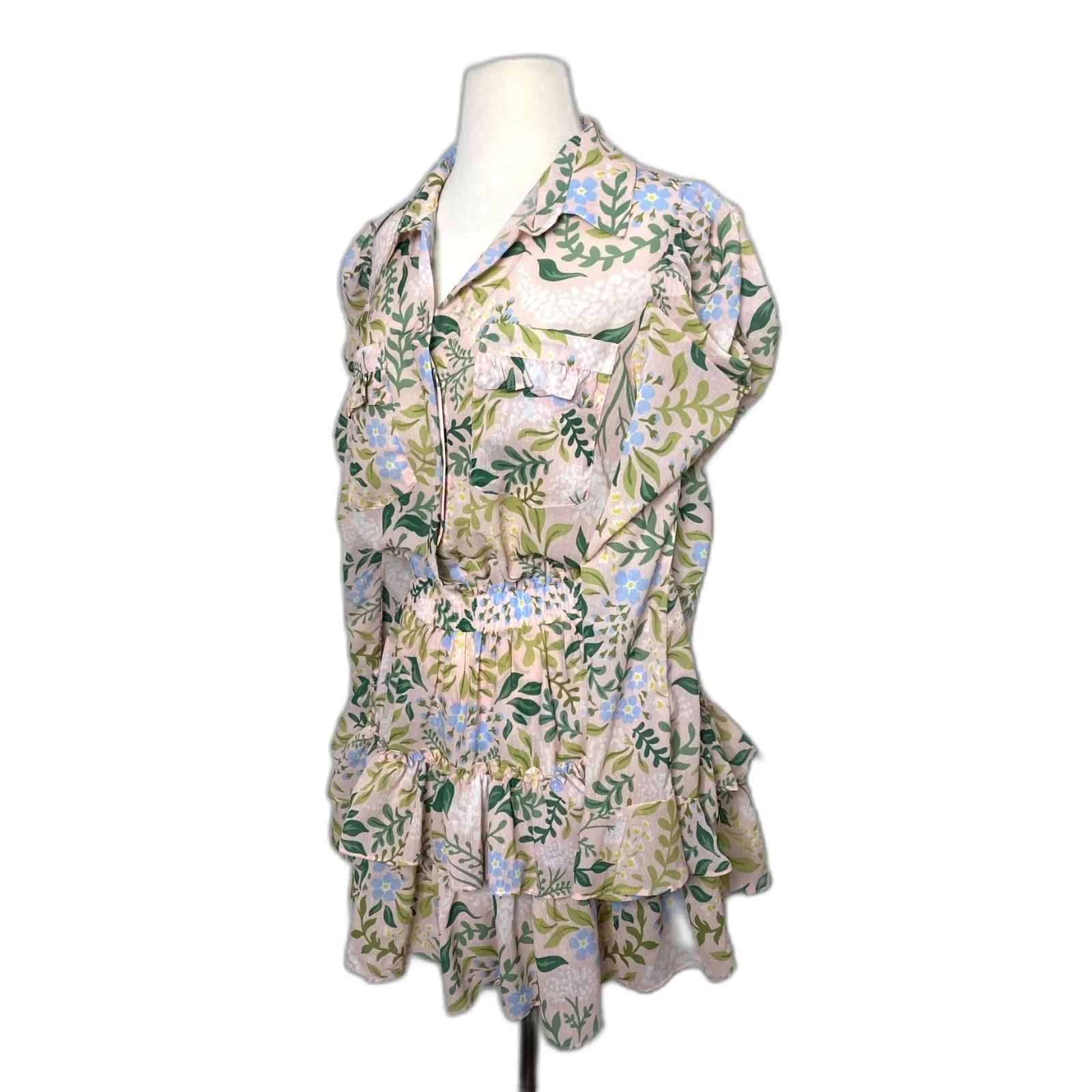 Sincerely Ours Pink Floral Puff Sleeve Mini Dress Ruffle Detail Cottagecore Sz M Size M - Image 5