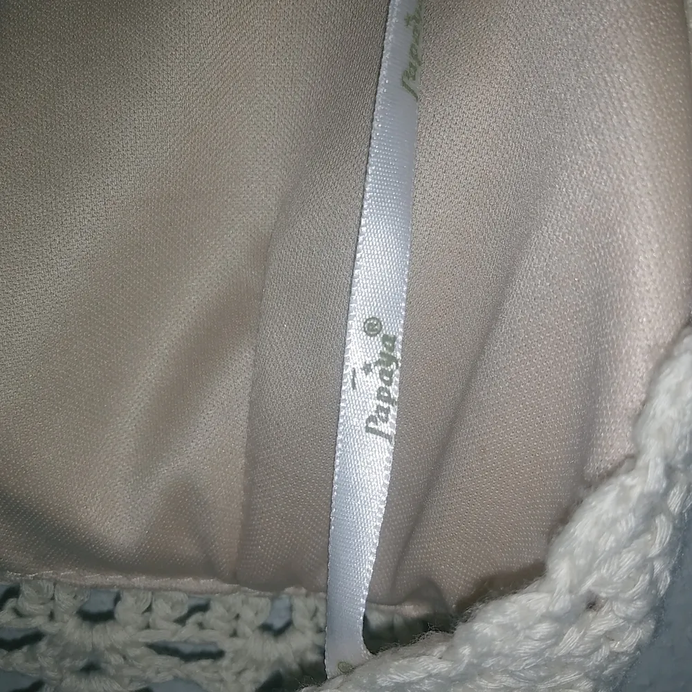 Papaya M Halter Crocheted Crop Top Fringe Beige - Image 2