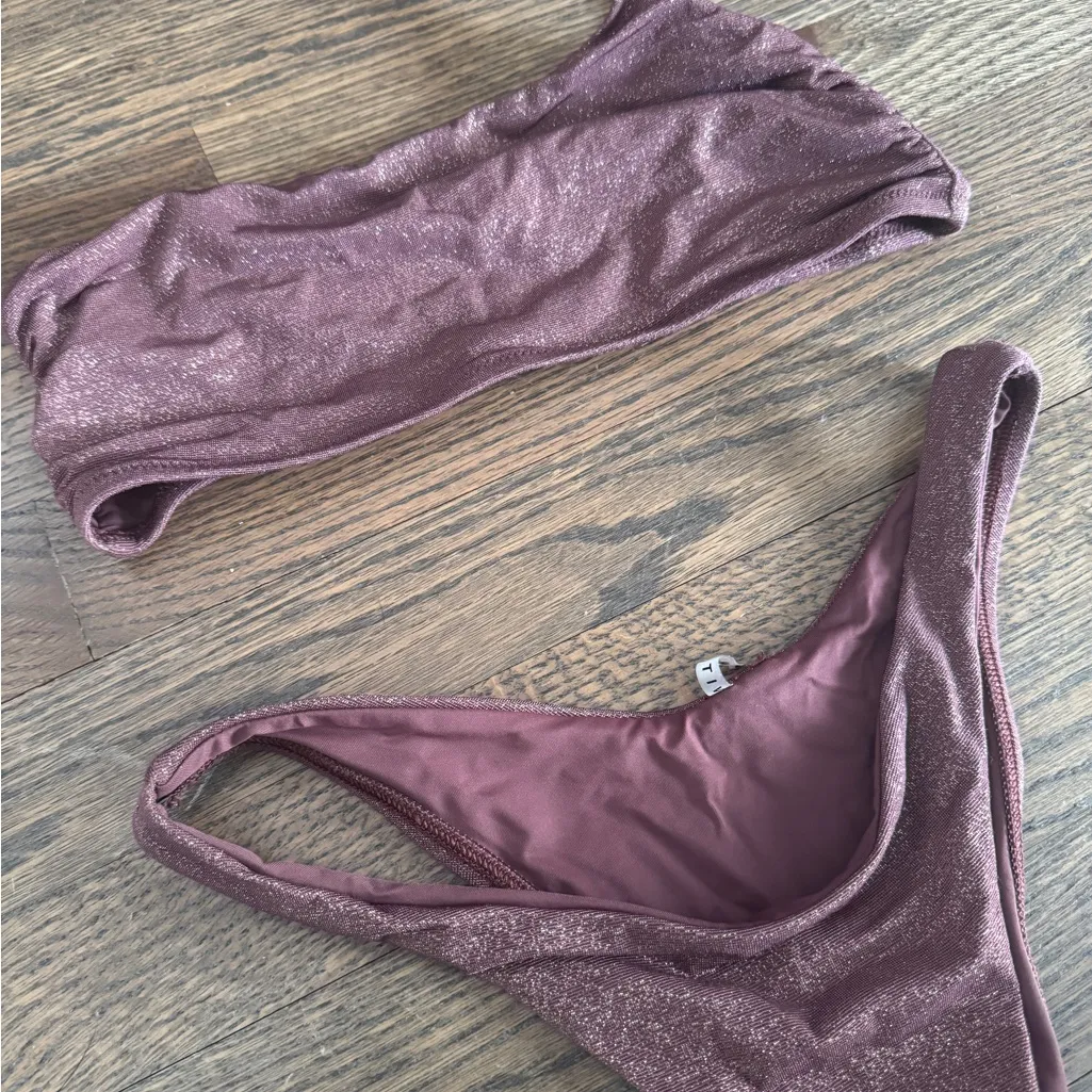 Asymmetrical One Shoulder Sparkly Plum Purple Bikini Set - Image 2