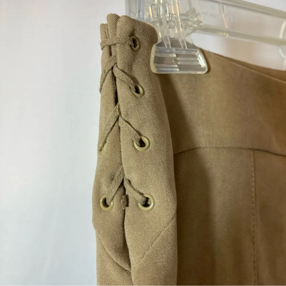 H&M Hennes Faux Suede Tan Wide Straight Leg Mid Rise Trousers Slacks Dress Pants - Image 4