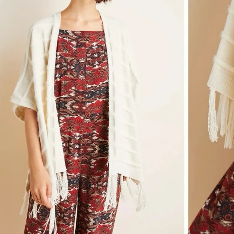 Anthropologie Akemi + Kin Miette Chenille Cozy Kimono Fringe Trim Ecru Free Size - Image 14