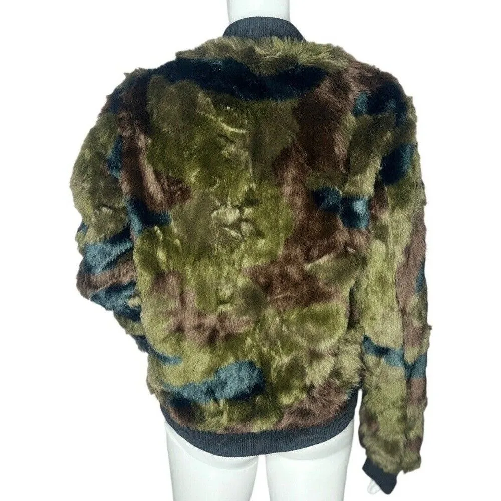 Anthro‎ Marrakech Faux Fur Bomber Jacket Womens Small Multicolor Camo Patchwork - Image 4
