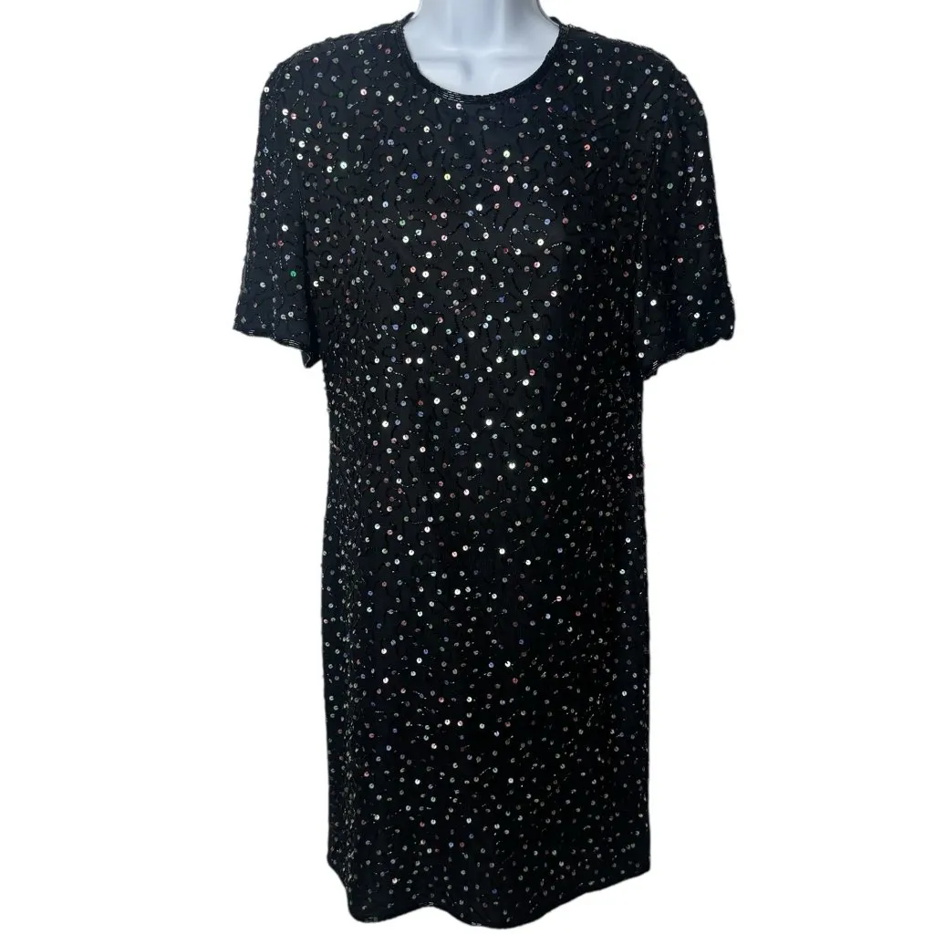 Vintage 100%‎ Silk Rainbow Sequin Beaded Midi Dress Party New Year’s Evening L Black Size L - Image 2