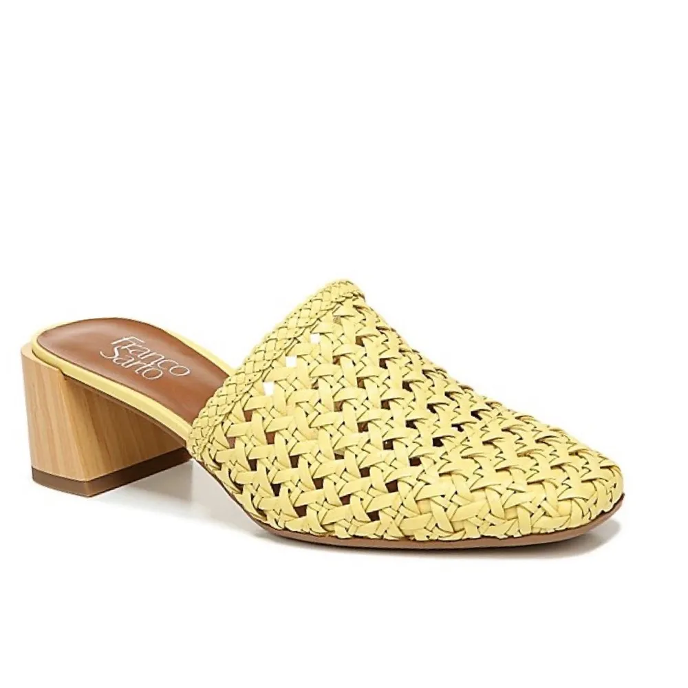 Franco Sarto NEW  Woven Leather Block-Heel Mule Clog Yellow Laser Cut - Image 3