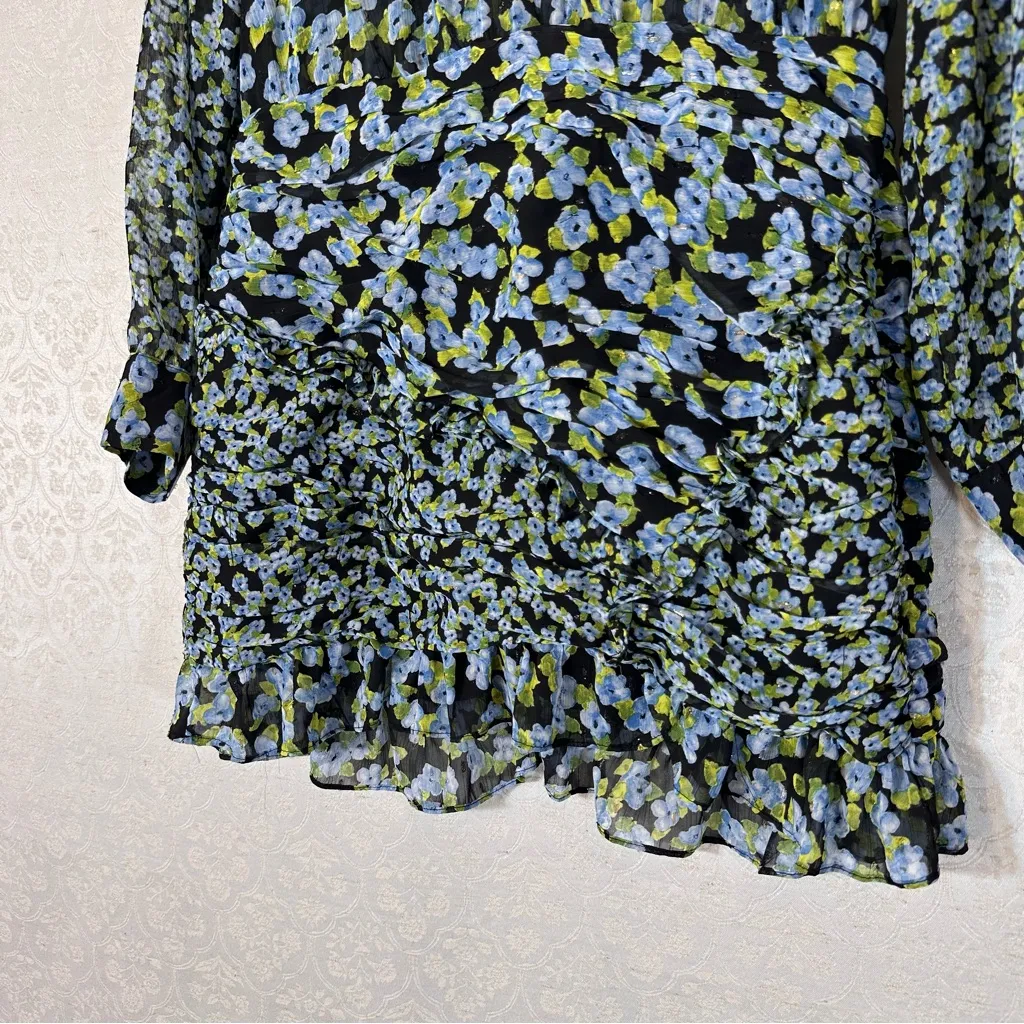 Zara Floral Print Black Blue Green Long Sleeve Mini Dress Large - Image 4