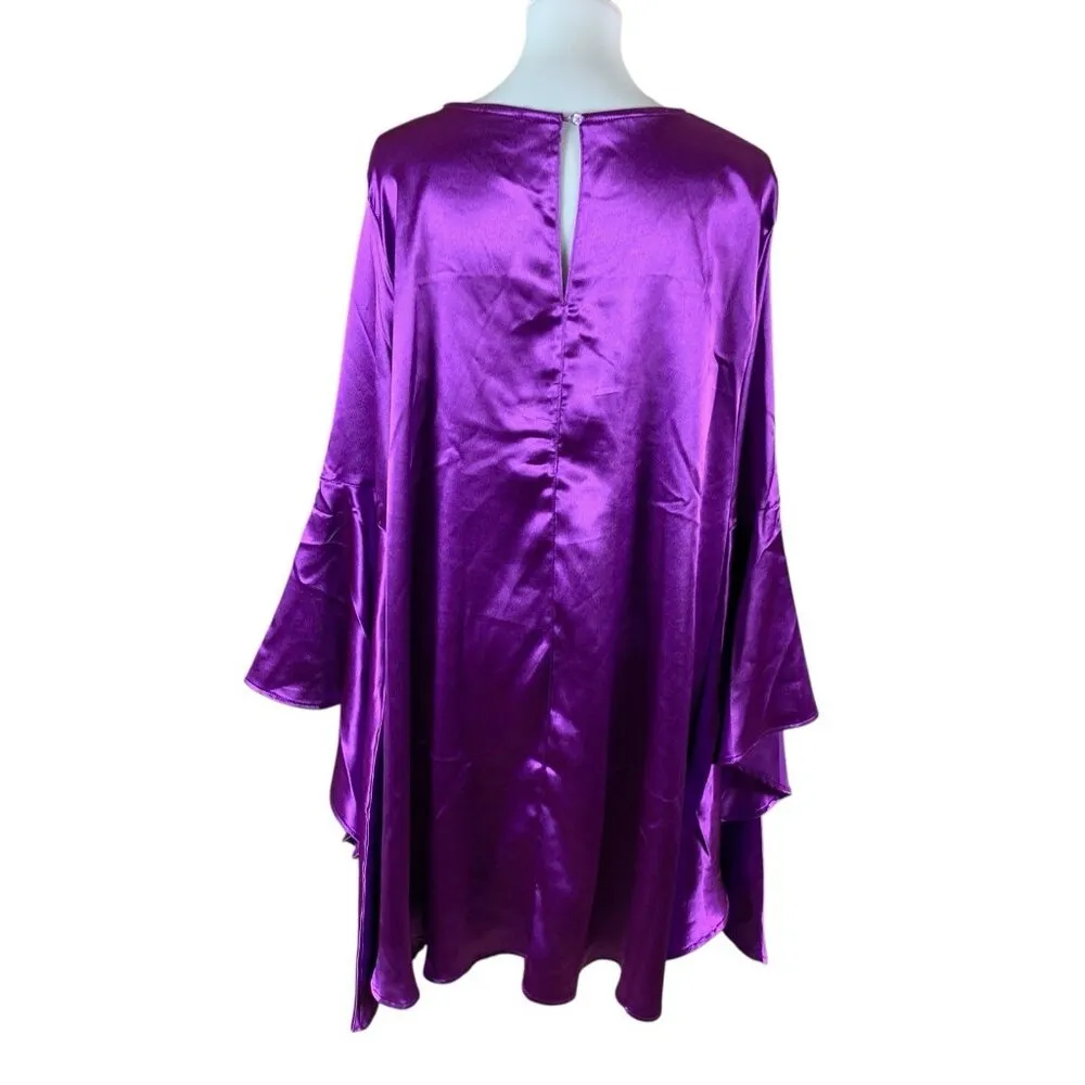 Aomei Purple Satin Bell Sleeve Swing Dress L Glam Party Holiday Statement Piece Size L - Image 3