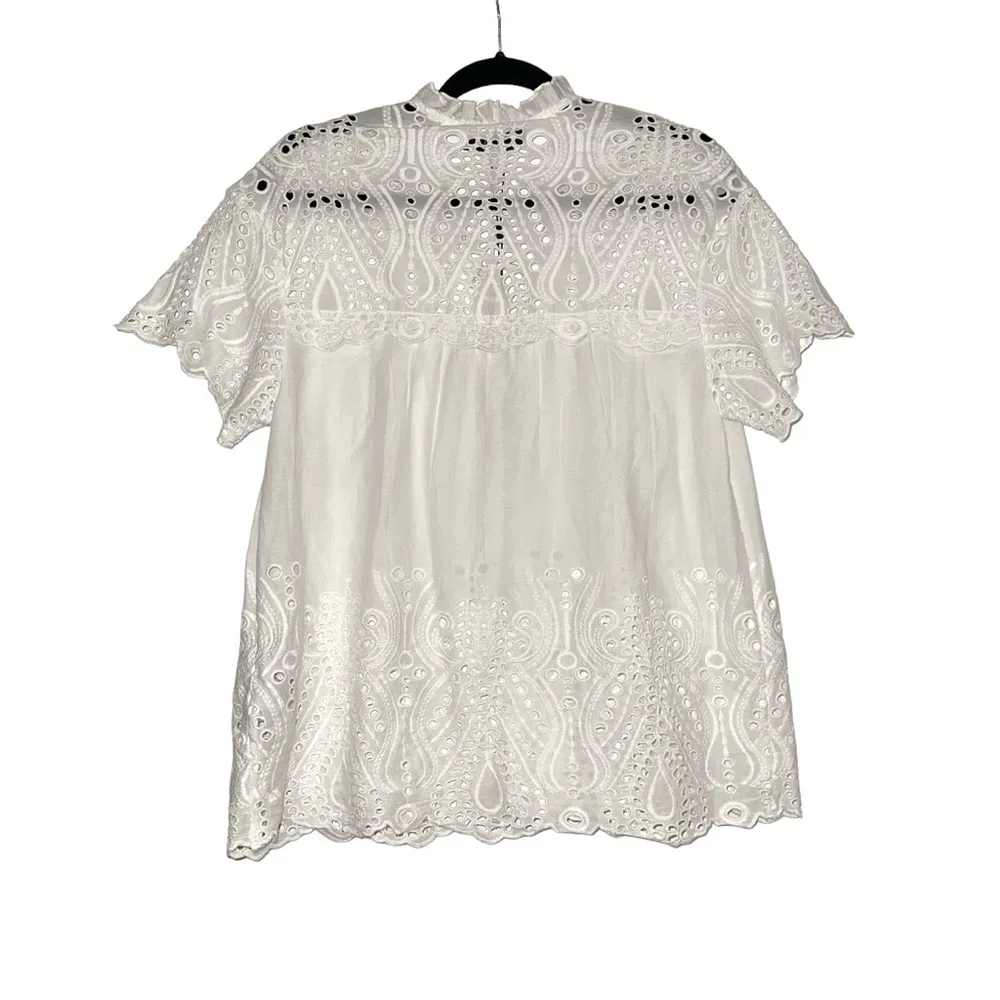 NWT Reiss Aubree Eyelet Short Sleeve Tie Neck White Top US 2 - Image 4