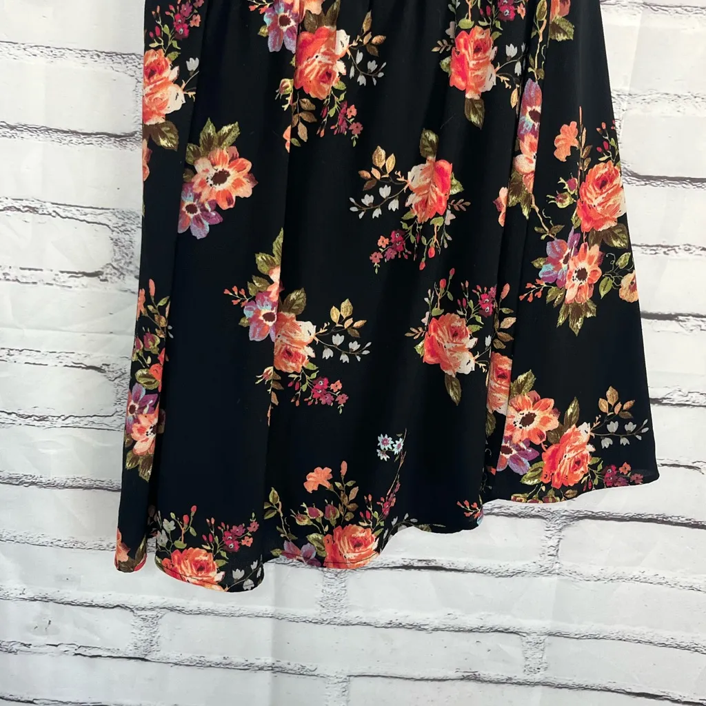 Monteau Black Floral Fit & Flare Mini Dress Women’s Large Short Sleeve Orange - Image 4