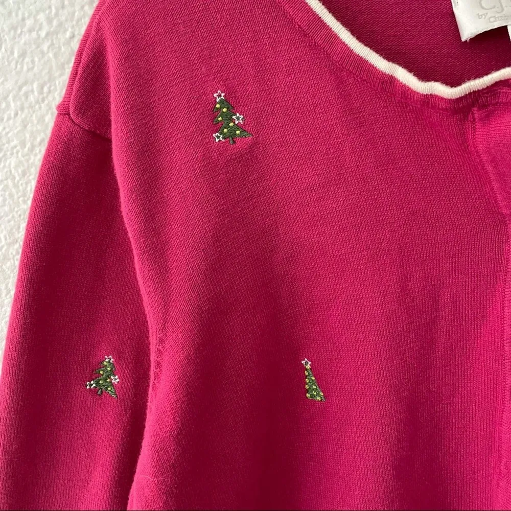 Vintage Christmas Sweater Pink Burgundy Fine Knit Embroidered Trees size 1x - Image 3