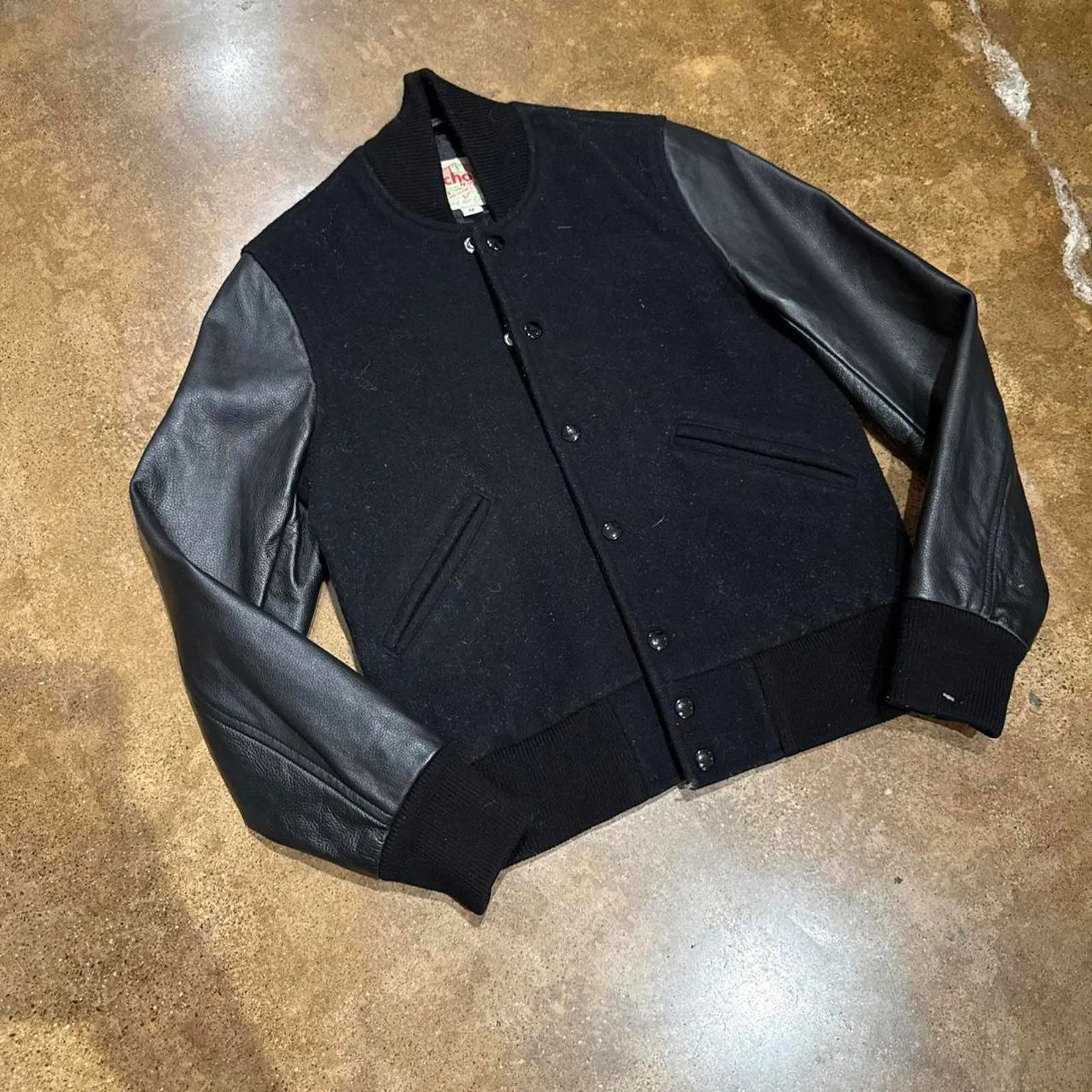 Black Varsity Schott Leather Sleeve Jacket - Image 2