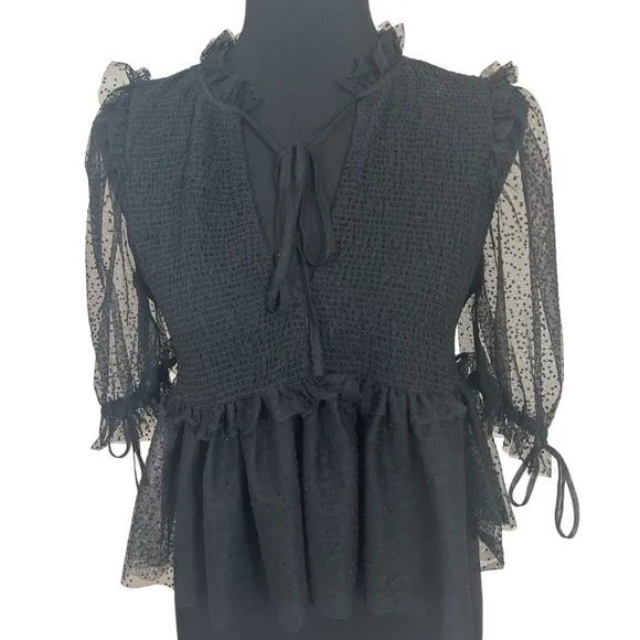 Zara Sheer Black Puff Sleeve Blouse - Image 2