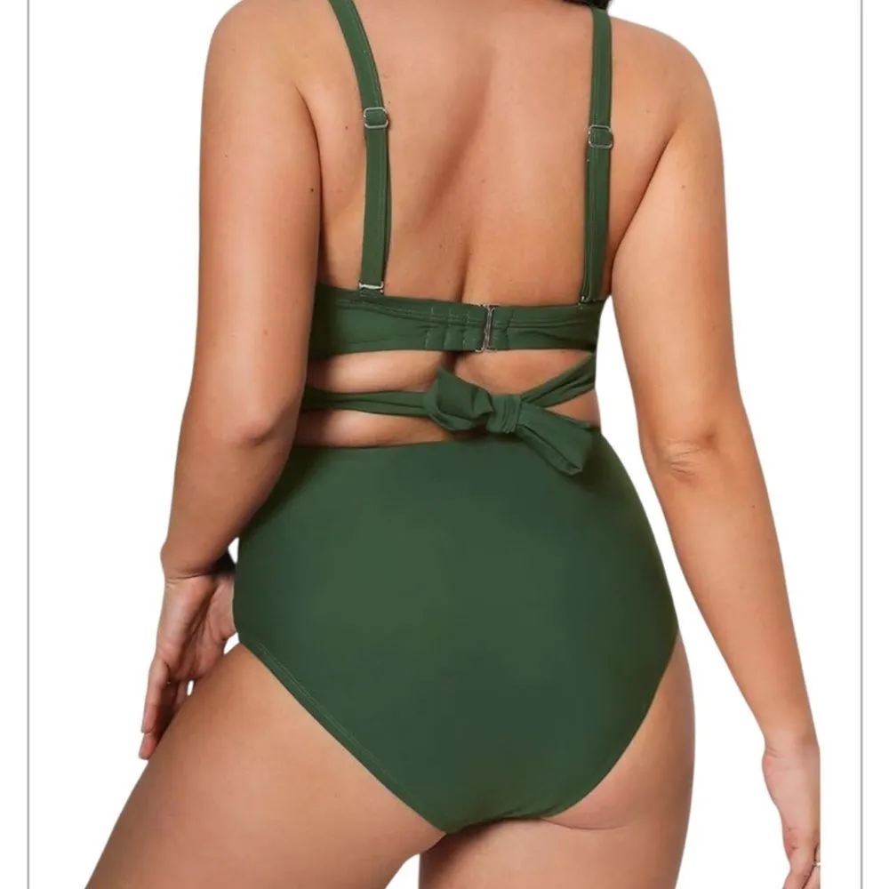 CUPSHE Army Green Bikini High Waisted Wrapped Front Knotted Bottom Size 3X NEW - Image 3