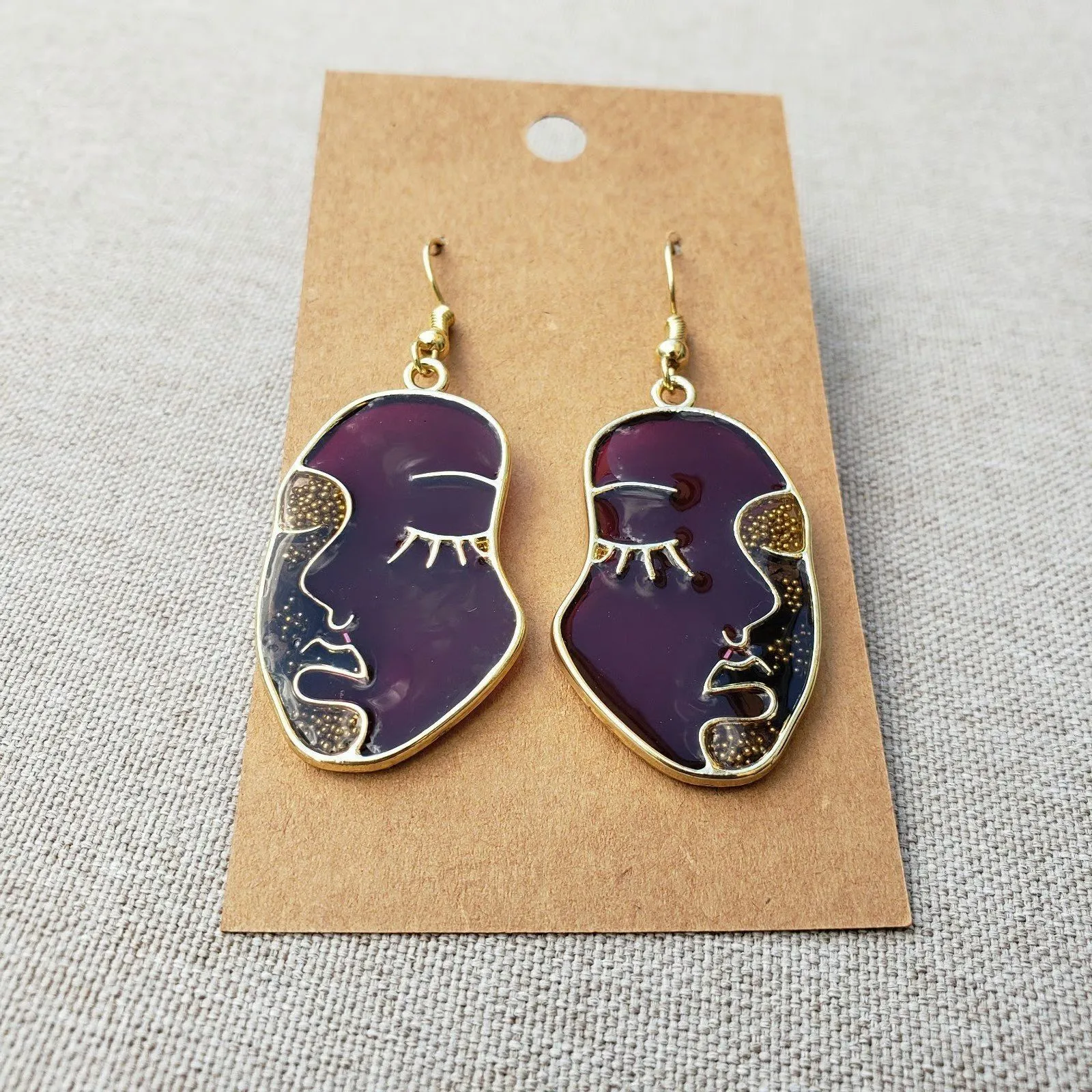 Gold Plated Purple Art Face Handmade Resin Jump Earrings Tones Verdes Jewelry - Image 3