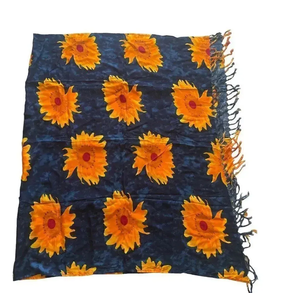 КОКO KNOT Navy Yellow Sunflowers Bovelty Print Boho Festival Cover Up #1643 Orange Size undefined - Image 4