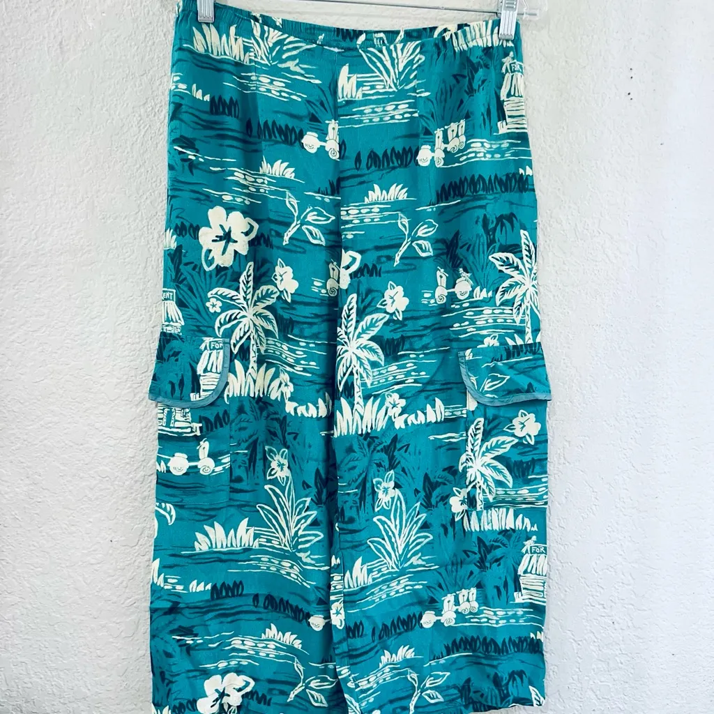 Hawaiian women’s Linen Wide Leg Cropped Tropical Print Elastic Womens size S - Image 2